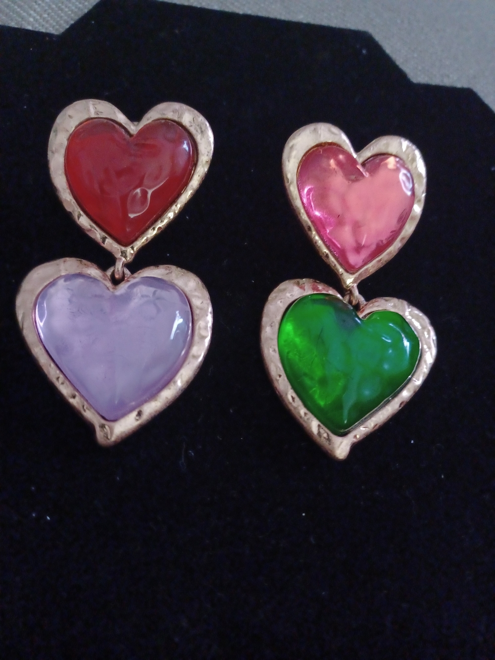 Zara Gold-Tone Double Heart Drop Earrings in Red, Pink, Lavender & Green 3" Drop